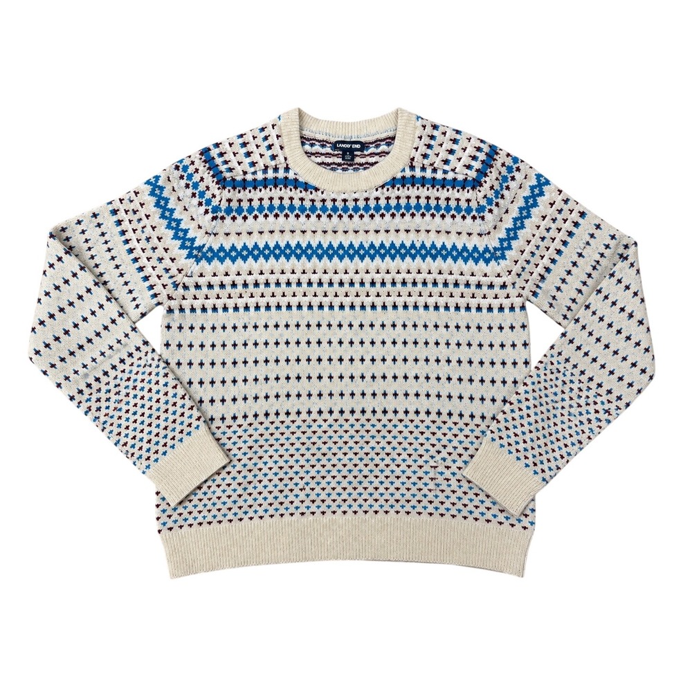 Lands End Mens Fair Isle Crew Neck Sweater Blue Cream Wool Blend Size XL 46-48